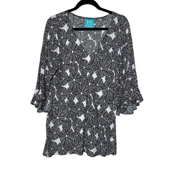 escapada‎ Black print 3/4 flared sleeve tunic shirt size XL - Picture 1 of 7